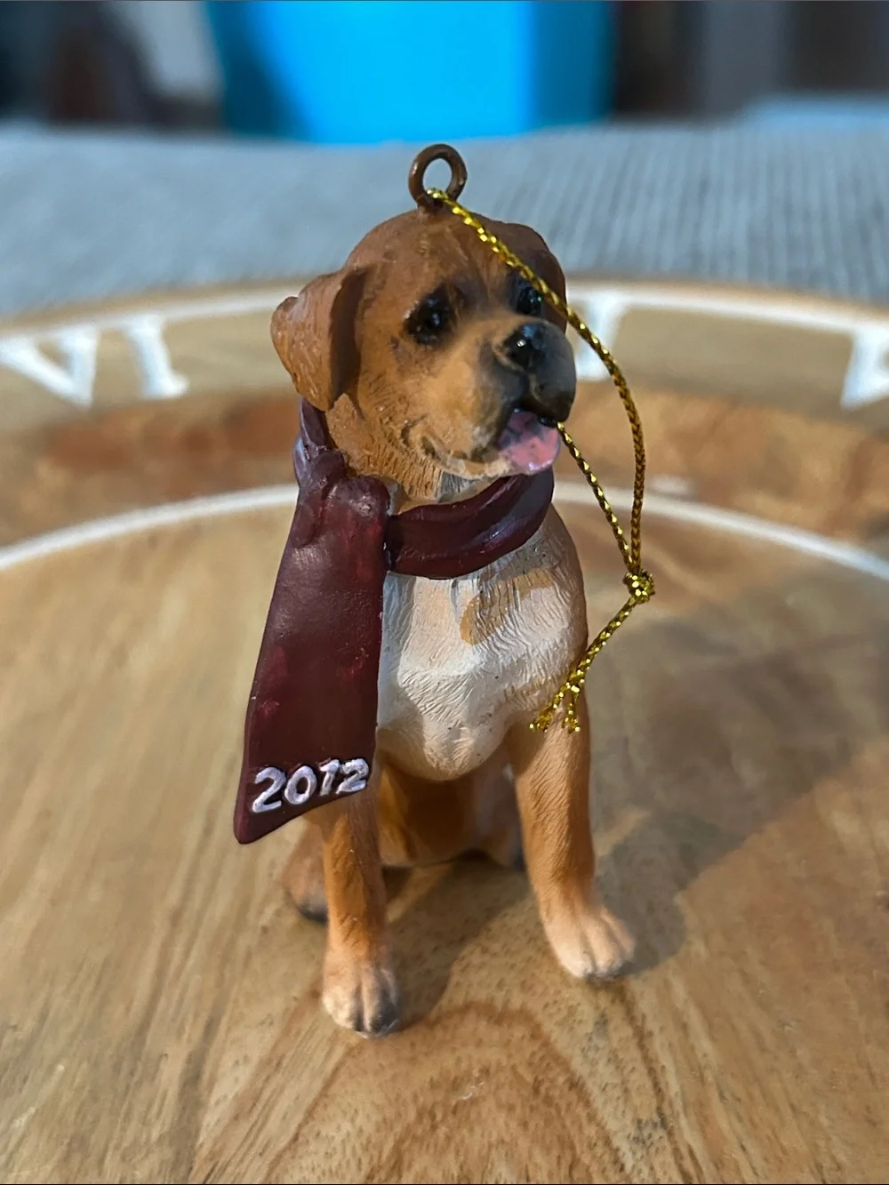 Boxer Dog Christmas tree ornament dated 2012 on scarf